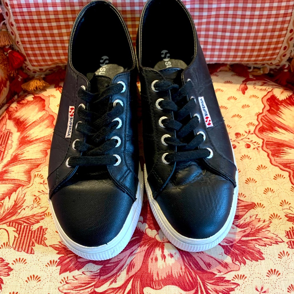 Superga Black Leather Tennis Shoes Size 7